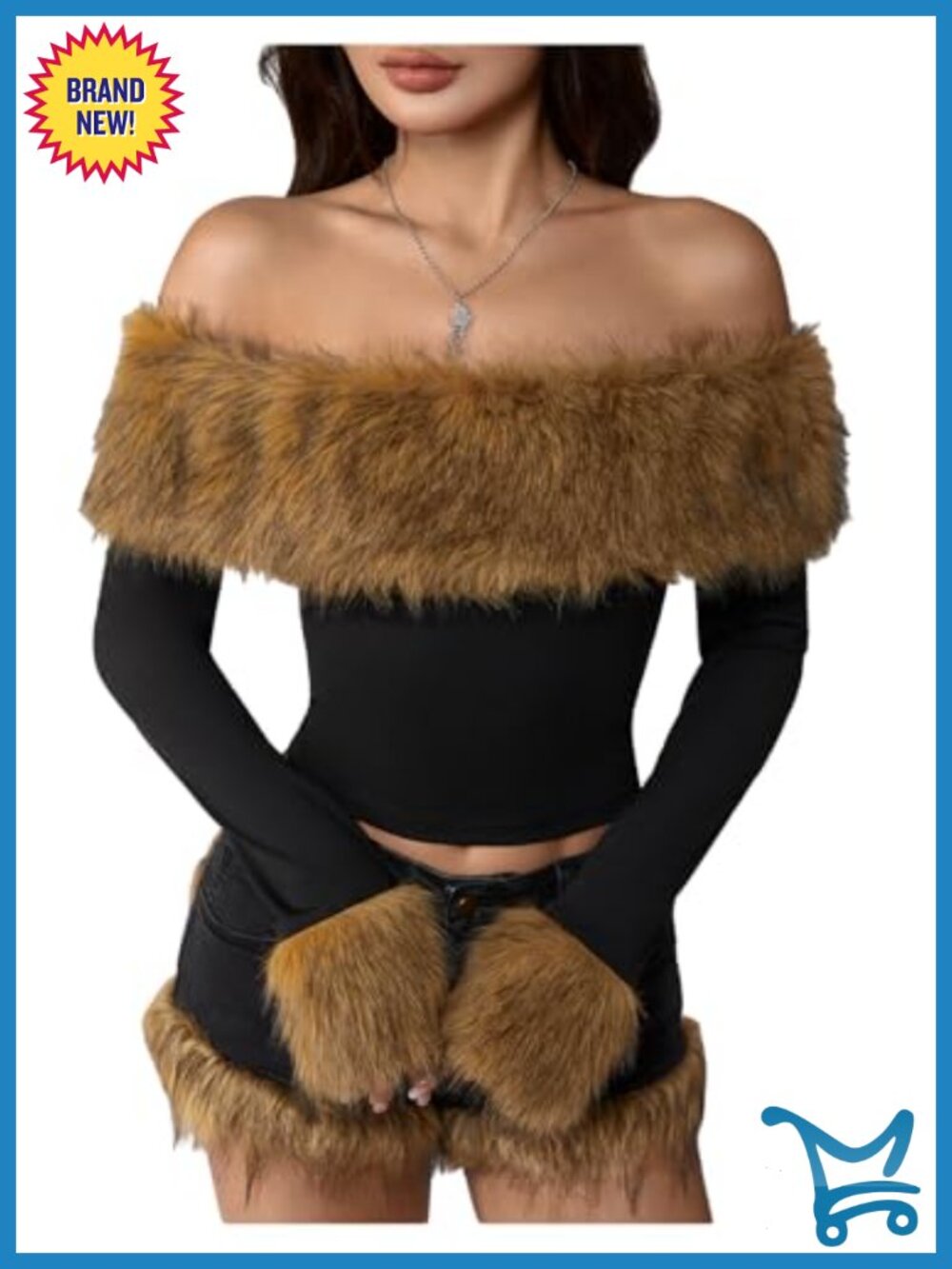 Faux Fur Off Shoulder Long Sleeve Crop Top Party Outfits